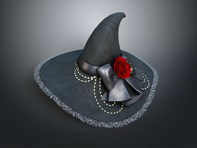 Black Witch Hat with Red Rose Gray Bow Pearl Strings and White Lace Trim 3d model