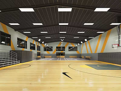 Indoor Basketball Gym Interior With Wooden Floor Yellow Gray Walls Ceiling Lights And Bleachers 3d model
