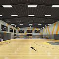 Indoor Basketball Gym Interior With Wooden Floor Yellow Gray Walls Ceiling Lights And Bleachers