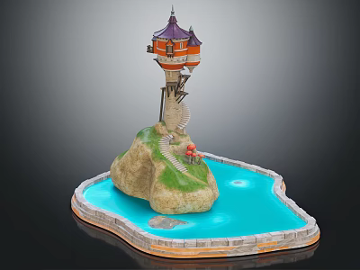 European Architecture Tower With Purple Roof Stone Base And Water Pool 3d model