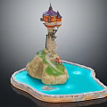 European Architecture Tower With Purple Roof Stone Base And Water Pool