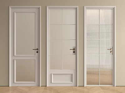 Three Different Designed Hinged Doors With Glass Panels And Light Colored Frames 3d model