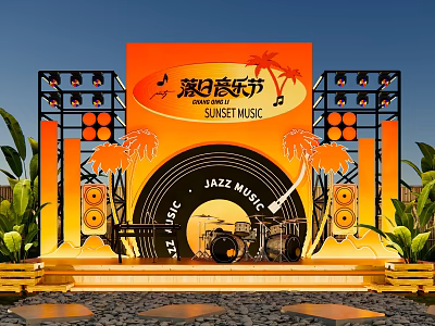 Sunset Music Festival Stage Decorated With Jazz Music Elements Palm Trees Speakers And Drum Set 3d model