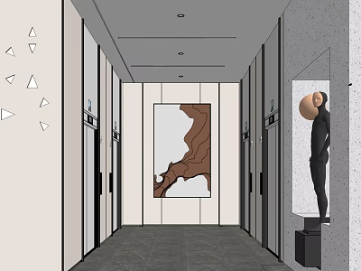 Elevator Hallway Interior Design With Elevator Doors Wall Artwork Gray Floor Tiles And Ceiling Lights 3d model