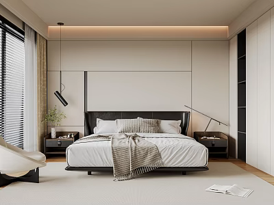 Modern Minimalist Bedroom Interior With Large Bed Black Headboard White Bedding And Wardrobe 3d model