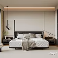 Modern Minimalist Bedroom Interior With Large Bed Black Headboard White Bedding And Wardrobe