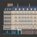 European Style Multi Storey Building With Blue Roof Red Chimneys Balconies And Outdoor Seating