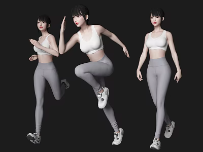 Women in white sports bras and gray leggings with different poses against black background 3d model