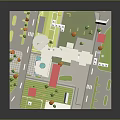 Scenic 3D Model Hospital Landscape With Building Blue Sign Green Trees Roads And Lawns