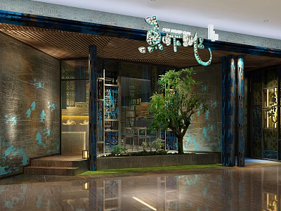 Modern Restaurant Entrance Design With Wooden Structure Glass Doors And Green Plants 3d model