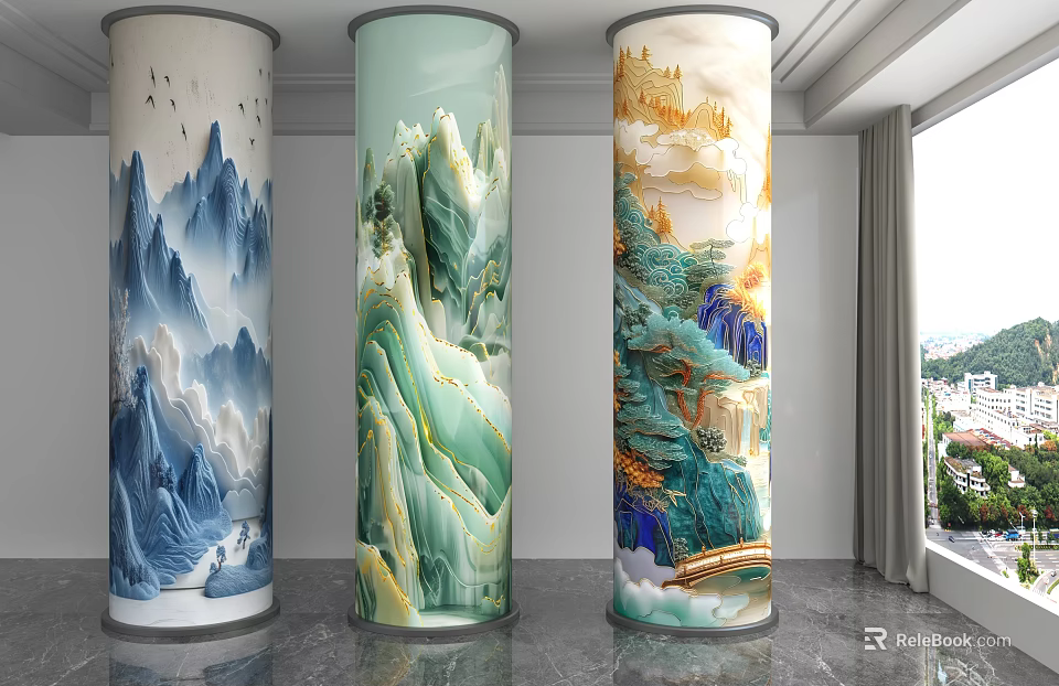 Decorative Columns With Colorful Mountain Landscape Paintings Indoor Interior Featuring Natural Scenery Art 3d model 