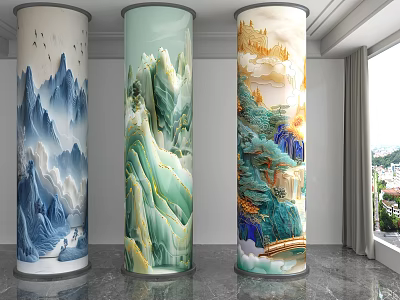 Decorative Columns With Colorful Mountain Landscape Paintings Indoor Interior Featuring Natural Scenery Art 3d model