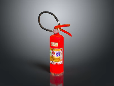 Red Fire Extinguisher With Black Hose Orange Handle And Safety Labels For Home Use 3d model
