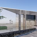 Modern Sales Office Building With Glass Facade Water Pool And Greenery 3d model