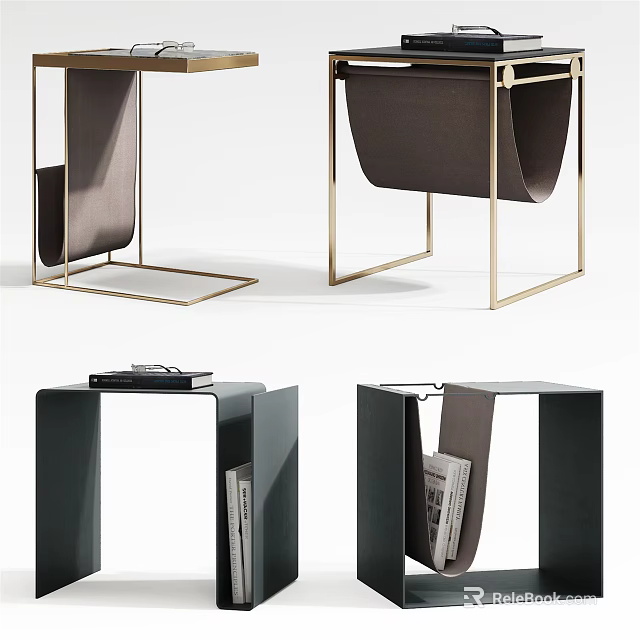 Modern Black Side Table With Gold Metal Frame And Open Storage Design 3d model
