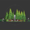 Cartoon Forest Scene With Green Pine Trees Stones Mushrooms Grass Water And Paper Craft 3D Design