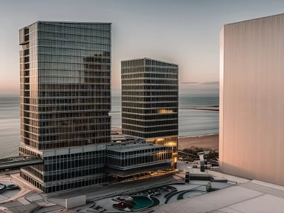 Modern Tall Buildings With Glass Facades And Ocean View At Sunset 3d model