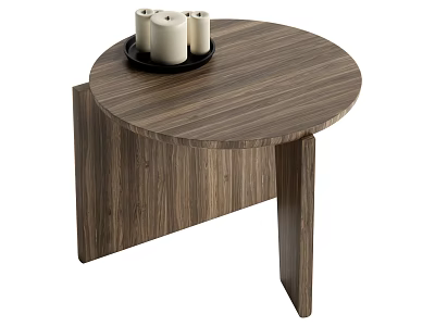 Round Wooden Coffee Table with Brown Surface and Candle Tray on Top 3d model