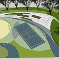 Outdoor Recreational Area Design Featuring Basketball Court Tennis Court Pathways Seating And Trees 3d model