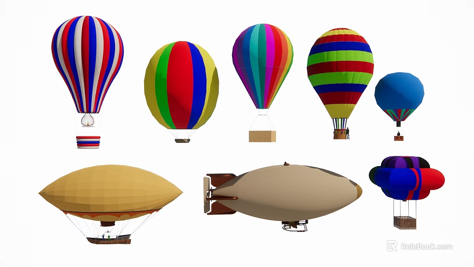 Colorful Inflatable Air Models Including Hot Air Balloons And Airships With Striped Designs 3d model 