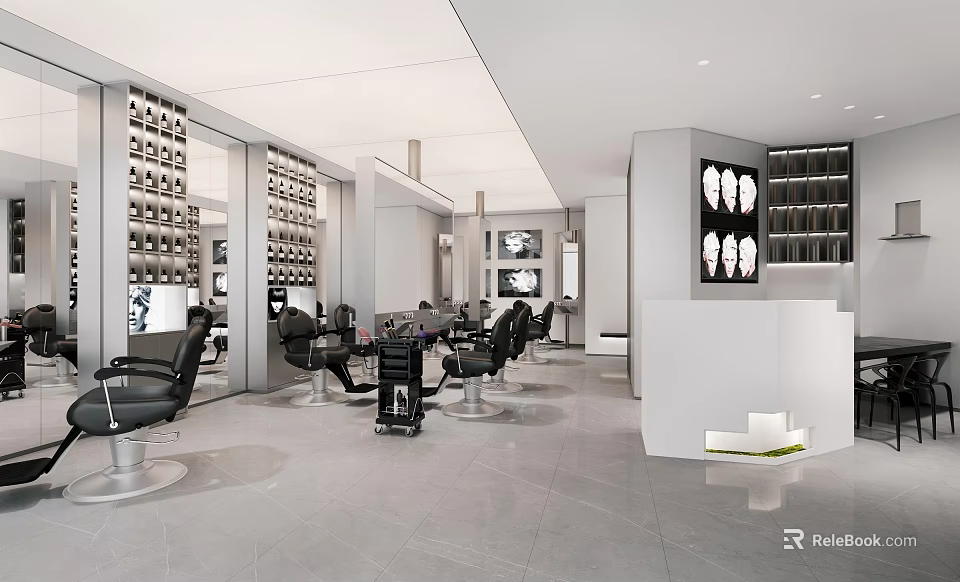 Modern Hair Beauty Salon Interior With Black Styling Chairs Mirrors And Product Shelves 3d model 