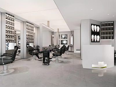 Modern Hair Beauty Salon Interior With Black Styling Chairs Mirrors And Product Shelves 3d model