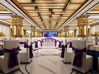 Elegant Banquet Hall Featuring White Chairs Purple Bows Marble Floor And Wooden Ceiling 3d model