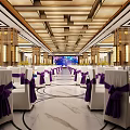 Elegant Banquet Hall Featuring White Chairs Purple Bows Marble Floor And Wooden Ceiling
