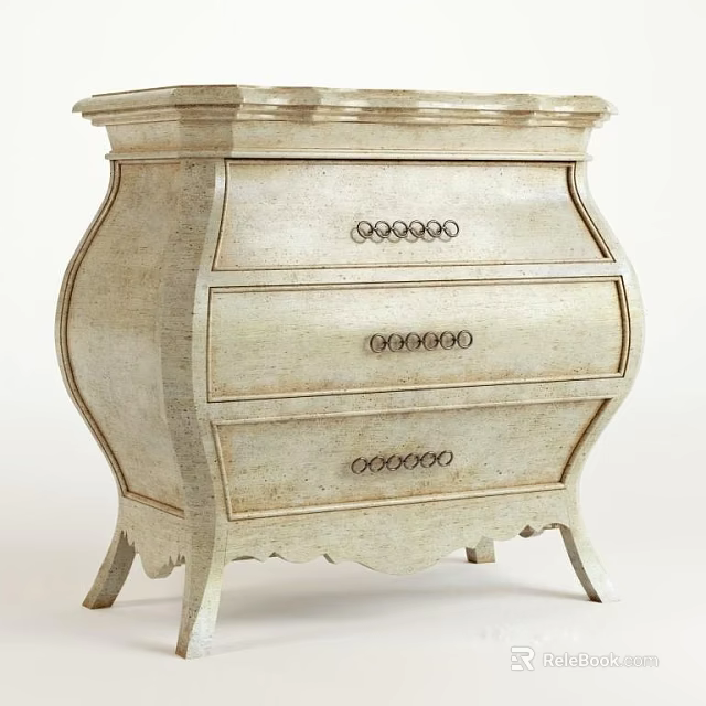 Vintage Wooden Nightstand With Three Drawers Carved Details Curved Edges And Metal Ring Handles 3d model 