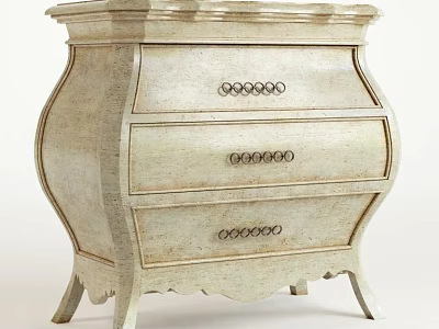 Vintage Wooden Nightstand With Three Drawers Carved Details Curved Edges And Metal Ring Handles 3d model