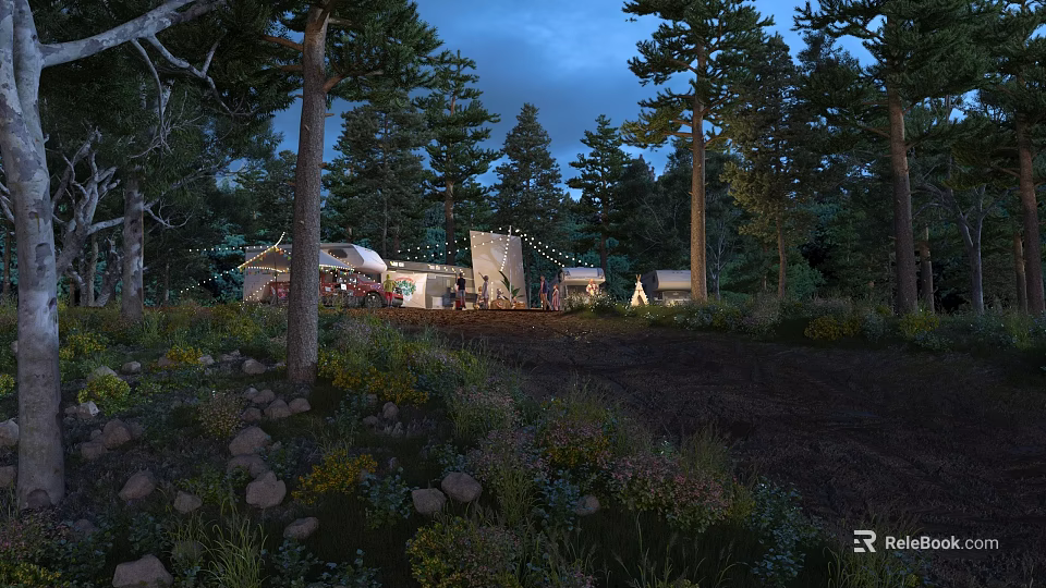 Night Forest Landscape With Tent String Lights Trees Flowers And Rocks 3d model 