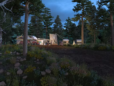 Night Forest Landscape With Tent String Lights Trees Flowers And Rocks 3d model