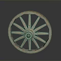 Vintage Wooden Cart Wheel With Spokes And Rustic Design On Reflective Surface