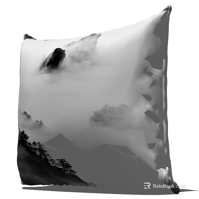 Black and White Mountain Clouds Scenic Throw Pillow with Trees and Fog Design 3d model 