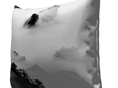 Black and White Mountain Clouds Scenic Throw Pillow with Trees and Fog Design 3d model