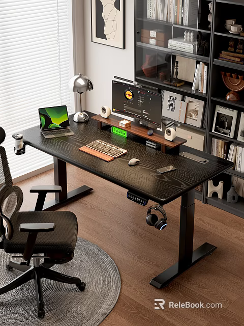 Modern Home Office Setup With Spacious Desk Dual Monitors Bookshelf And Ergonomic Chair 3d model 