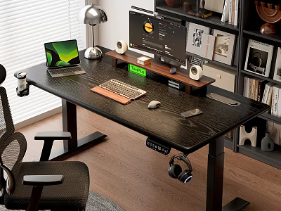 Modern Home Office Setup With Spacious Desk Dual Monitors Bookshelf And Ergonomic Chair 3d model