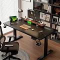Modern Home Office Setup With Spacious Desk Dual Monitors Bookshelf And Ergonomic Chair