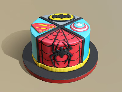 Superhero Themed Cake With Batman Superman Captain America Spider Man Logos And Spider Web Design 3d model