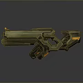 Futuristic Sci-Fi Weapon With Green Body Orange Accents And Mechanical Grip Design