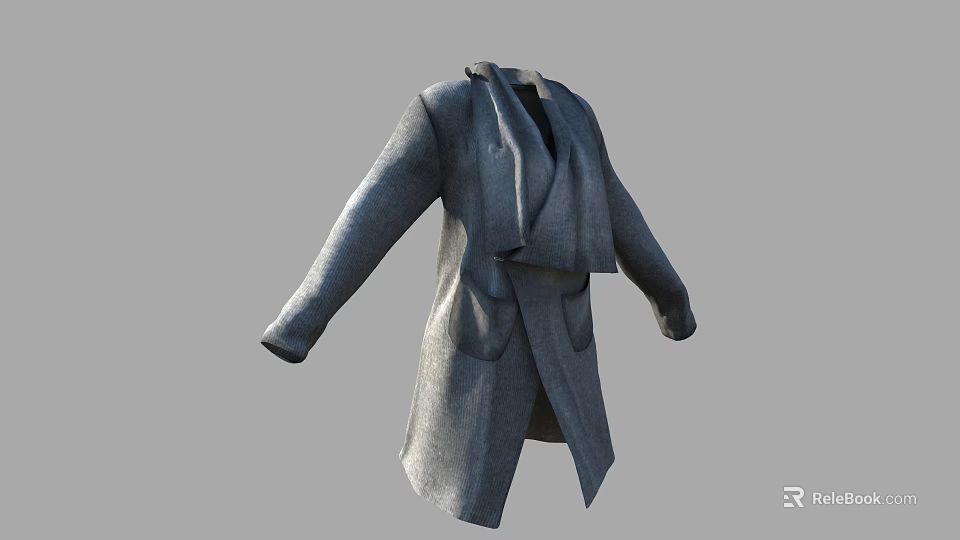 Gray Long Coat 3D Model With Lapel Design And Loose Fit Fabric Texture 3d model 