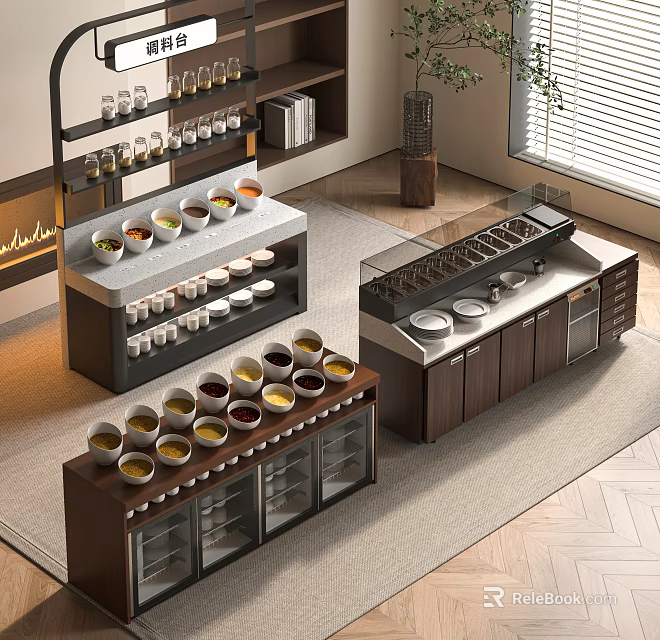 Modern Functional Table With Shelves And Cabinets For Storing Cups And Plates 3d model 