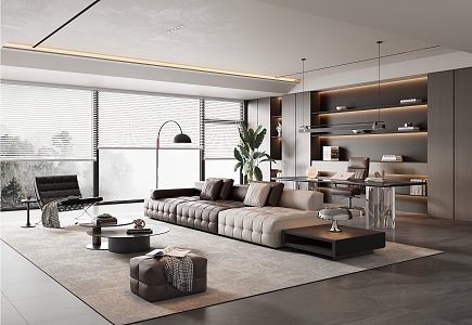 Modern Italian Style Living Room Italian Style Light Luxury Living Room Large Flat Floor Living Room Sofa Combination Leather Sofa Multi-person Sofa Living Room Study Integrated Desk and Chair Combination Bookcase 3d model