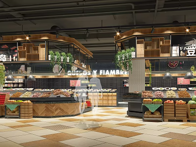 Spacious Supermarket Department Store With Fresh Produce Meat Section And Shelf Displays 3d model