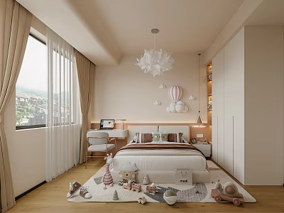 Kids Room Interior With Large Window White Curtains Balloon Chandelier Toys On Rug Soft Pillows 3d model