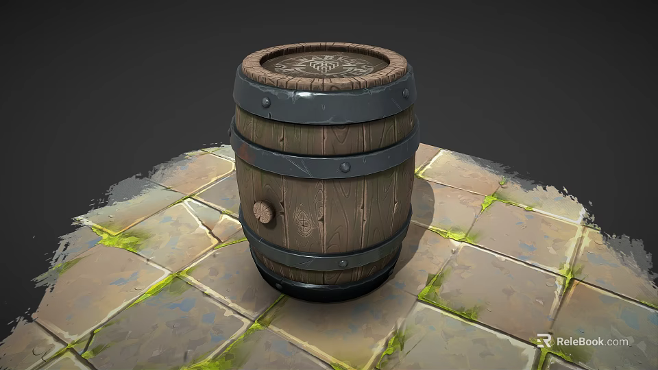 Wooden Barrel With Metal Hoops Round Lid On Stone Tiled Floor With Moss 3d model 