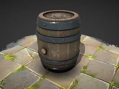 Wooden Barrel With Metal Hoops Round Lid On Stone Tiled Floor With Moss 3d model