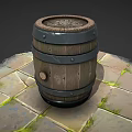 Wooden Barrel With Metal Hoops Round Lid On Stone Tiled Floor With Moss