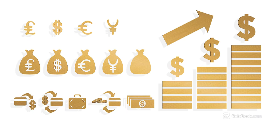 Financial Themed Wall Decor With Currency Symbols Money Bags And Upward Arrow 3d model 