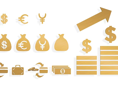 Financial Themed Wall Decor With Currency Symbols Money Bags And Upward Arrow 3d model